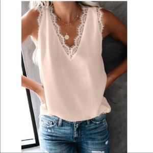 Apricot Sleeveless Eyelash Lace V Neck Top